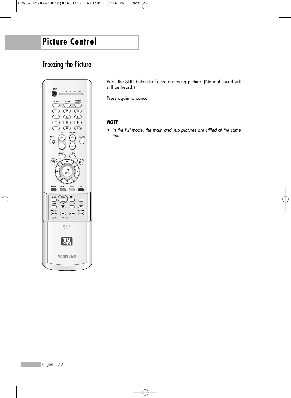 Freezing the picture, Picture control | Samsung HL-R6168W User Manual | Page 72 / 144