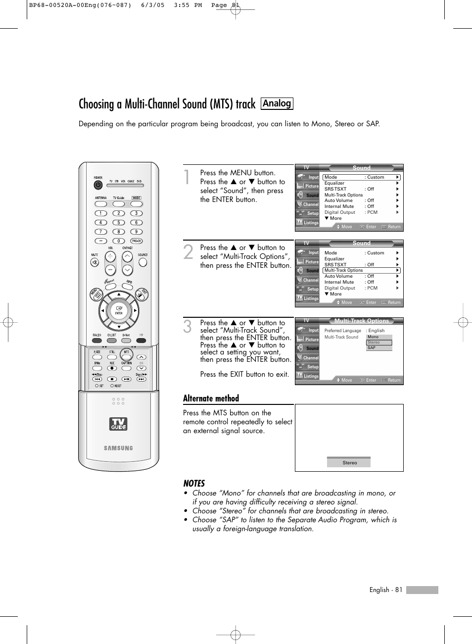 Choosing a multi-channel sound(mts) track, Choosing a multi-channel sound (mts) track, Analog | Alternate method | Samsung HL-R6168W User Manual | Page 81 / 144