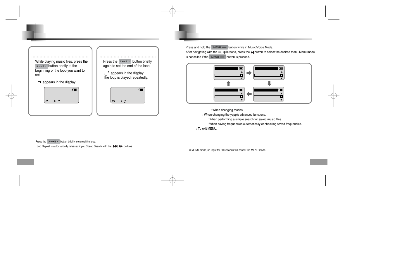 Additional usage, Loop repeating, Menu mode | Starting point, Ending point | Samsung YP-60V User Manual | Page 24 / 40