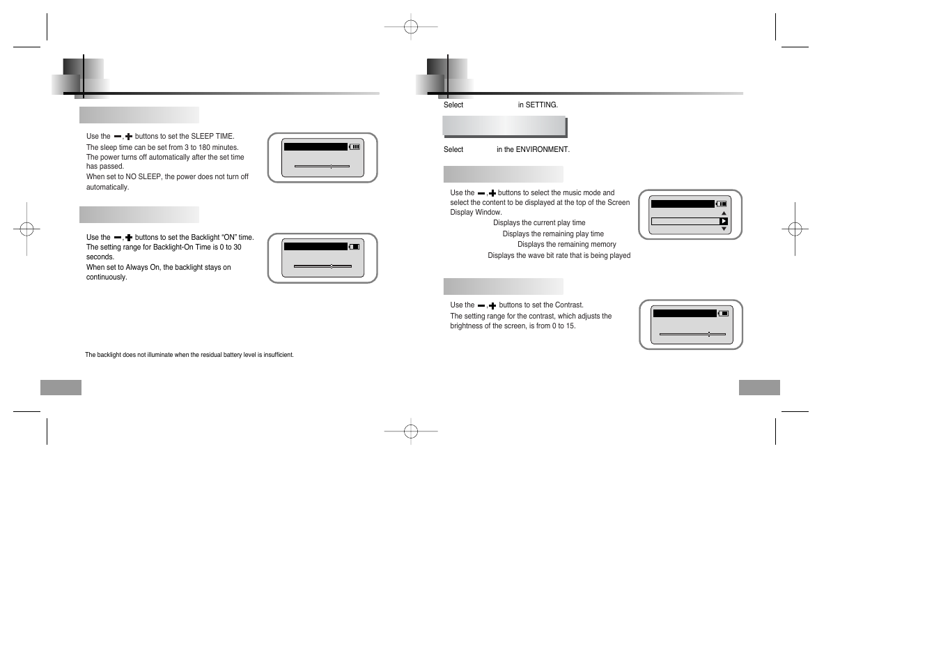 Setting the environment, Time control, Display | Sleep time backlight time, Information contrast | Samsung YP-60V User Manual | Page 29 / 40