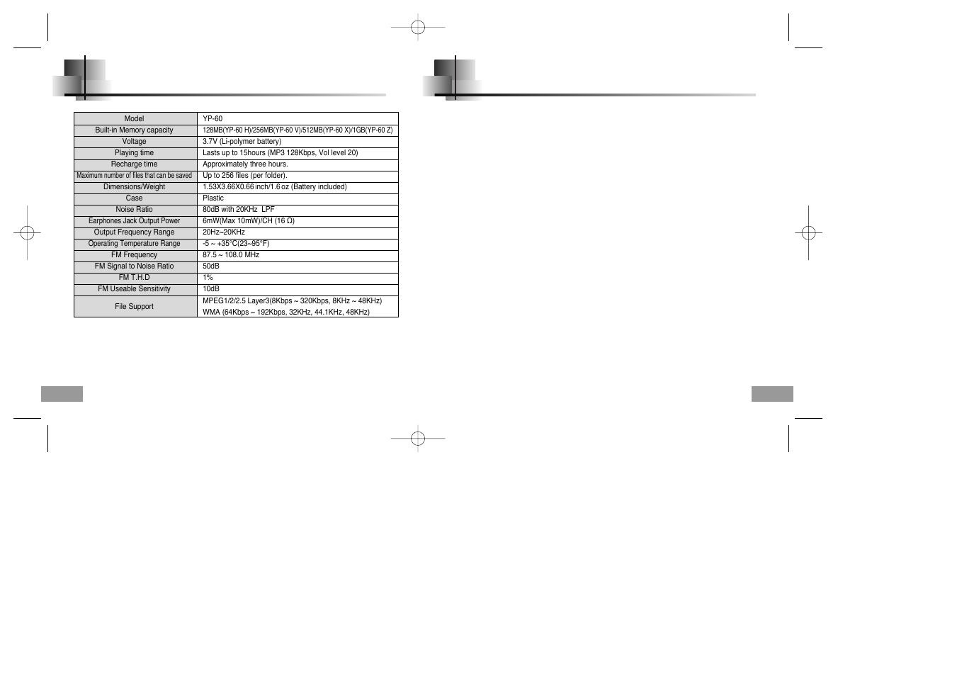 Specifications model, Specifications | Samsung YP-60V User Manual | Page 37 / 40