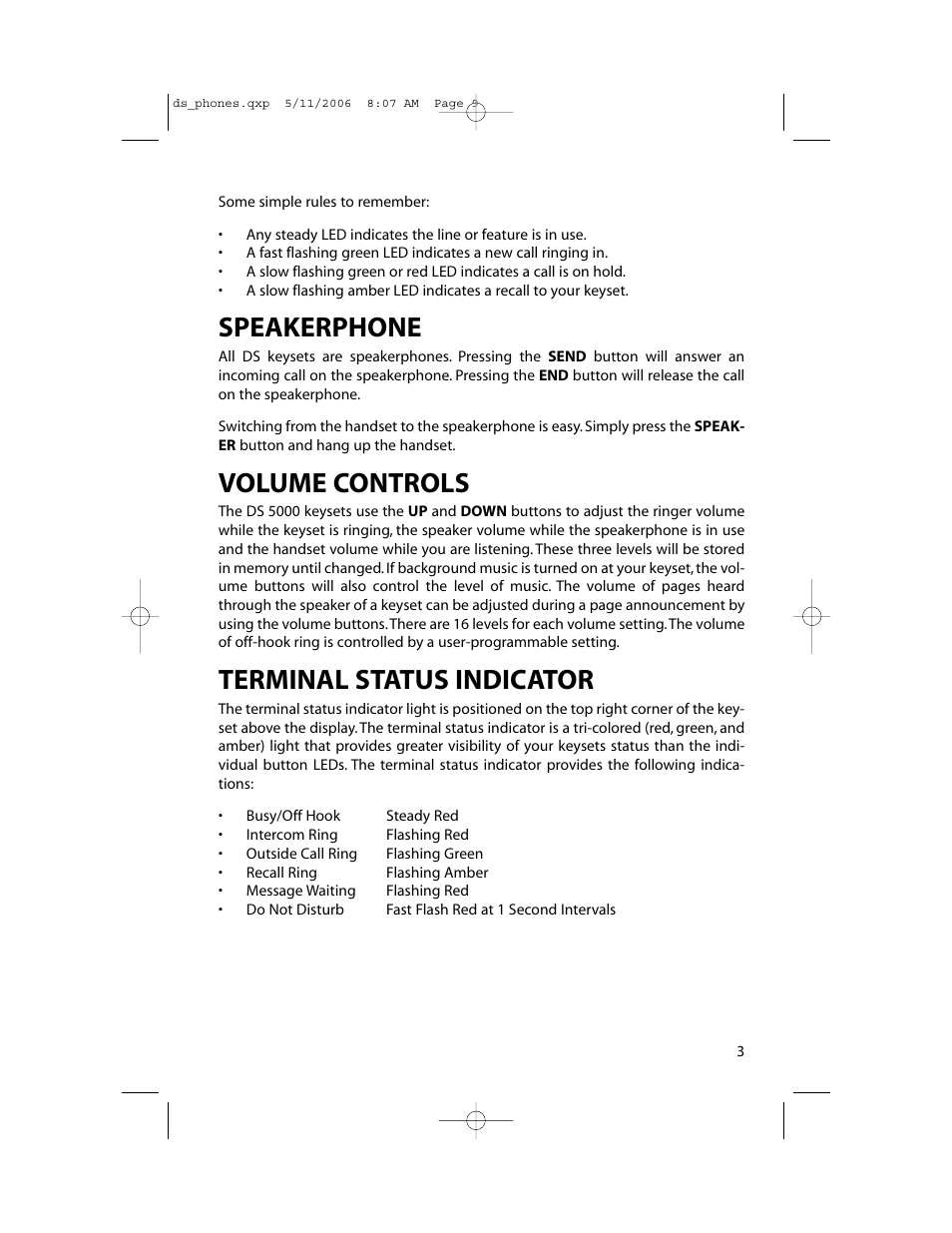 Speakerphone, Volume controls, Terminal status indicator | Samsung DS-5000 User Manual | Page 10 / 88