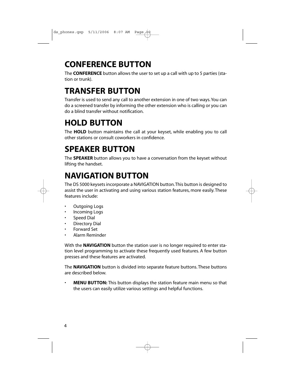 Conference button, Transfer button, Hold button | Speaker button, Navigation button | Samsung DS-5000 User Manual | Page 11 / 88