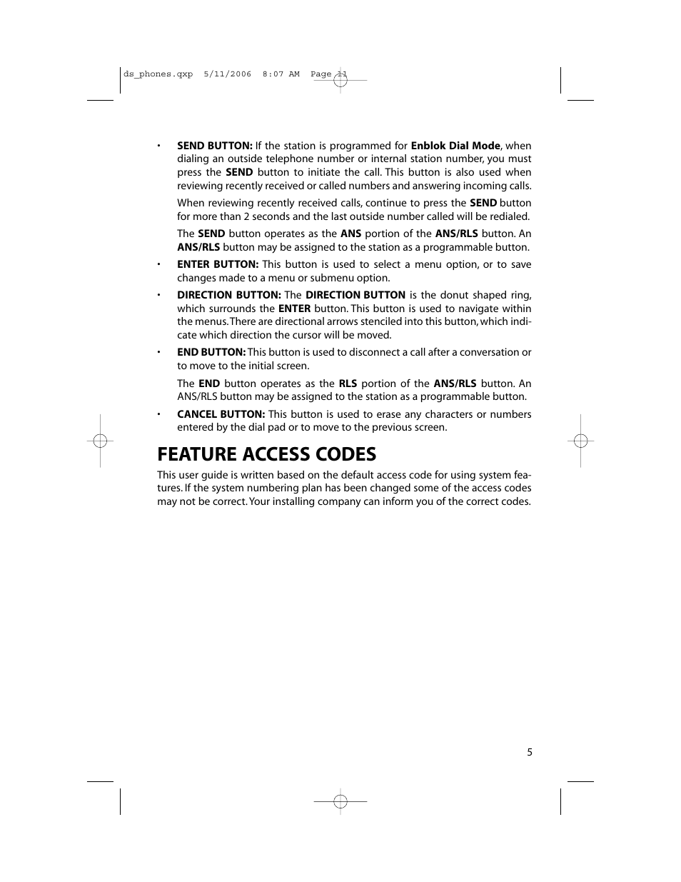 Feature access codes | Samsung DS-5000 User Manual | Page 12 / 88