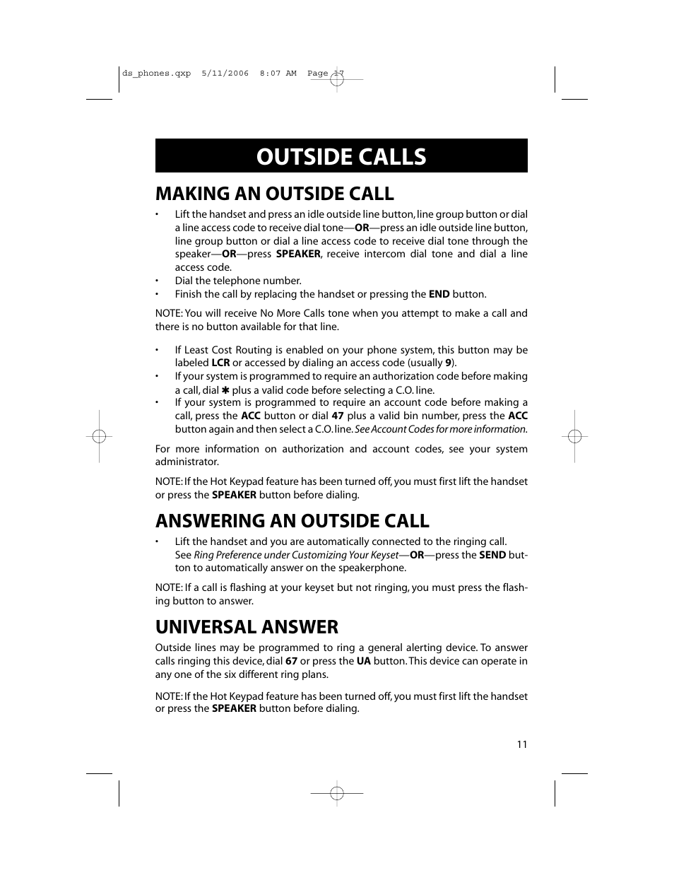 Outside calls, Making an outside call, Answering an outside call | Universal answer | Samsung DS-5000 User Manual | Page 18 / 88