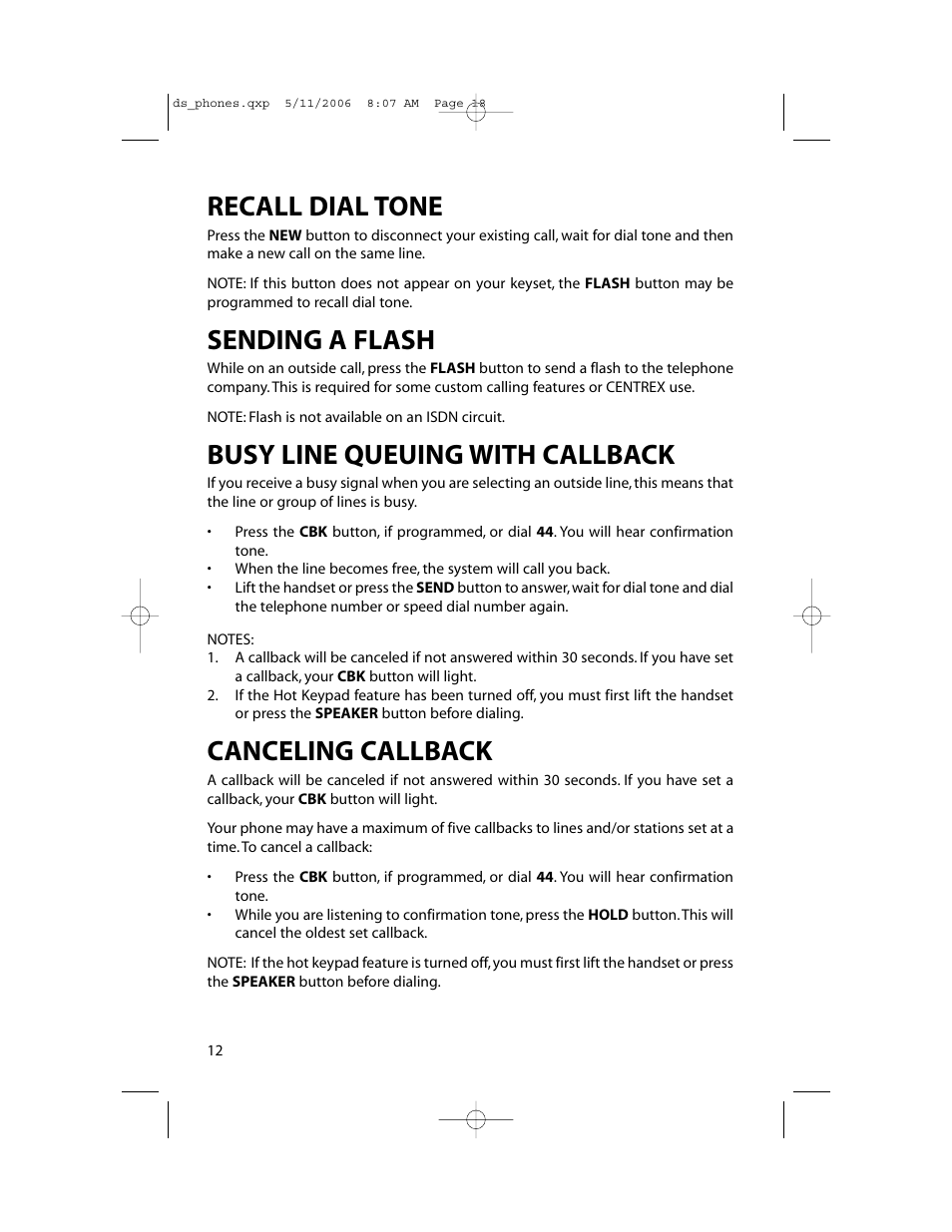 Recall dial tone, Sending a flash, Busy line queuing with callback | Canceling callback | Samsung DS-5000 User Manual | Page 19 / 88