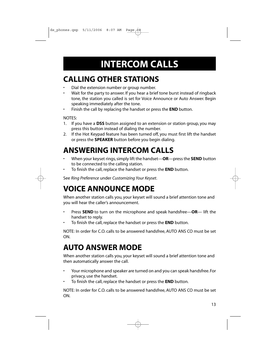 Intercom calls, Calling other stations, Answering intercom calls | Voice announce mode, Auto answer mode | Samsung DS-5000 User Manual | Page 20 / 88