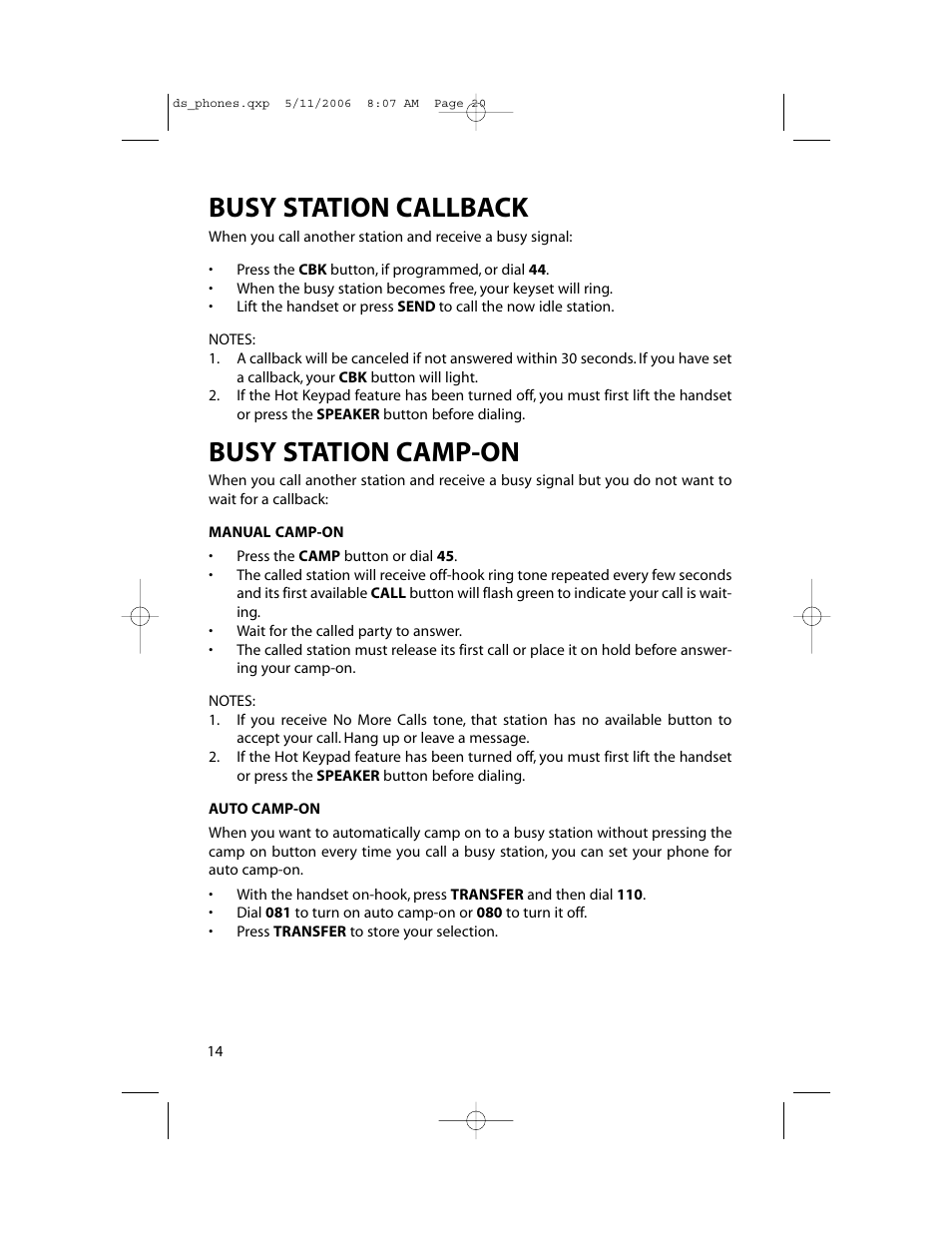 Busy station callback, Busy station camp-on | Samsung DS-5000 User Manual | Page 21 / 88