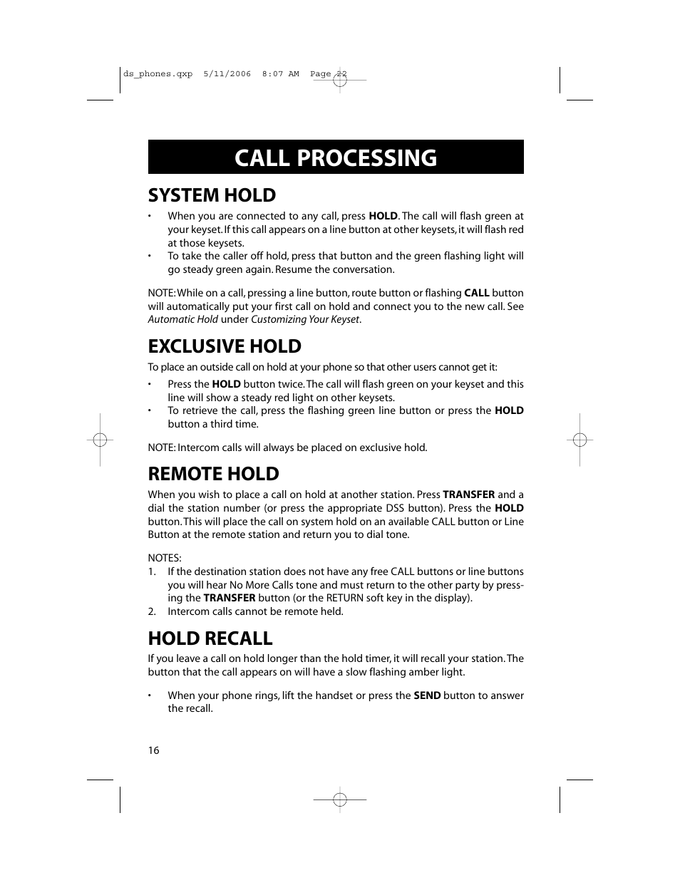 Call processing, System hold, Exclusive hold | Remote hold, Hold recall | Samsung DS-5000 User Manual | Page 23 / 88