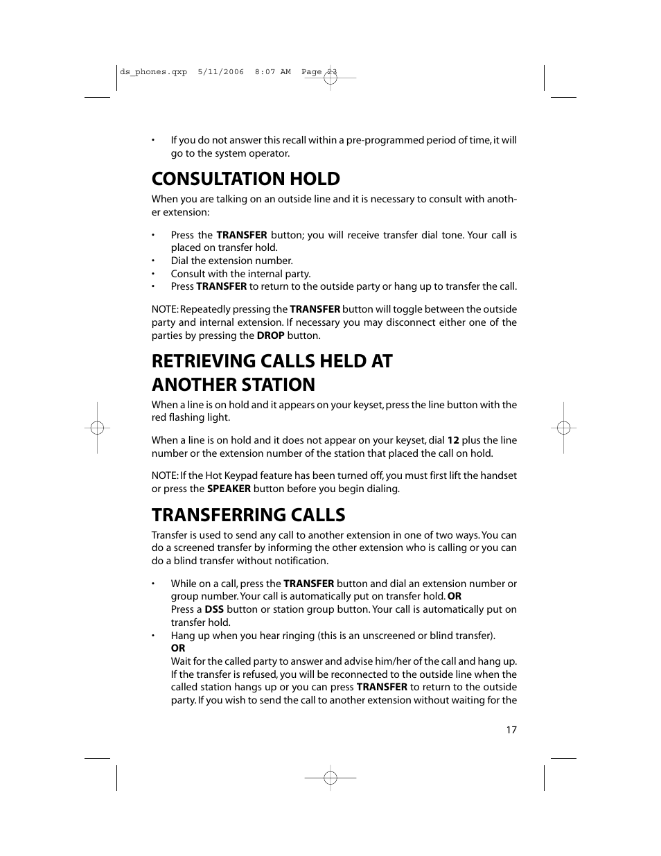 Consultation hold, Retrieving calls held at another station, Transferring calls | Samsung DS-5000 User Manual | Page 24 / 88