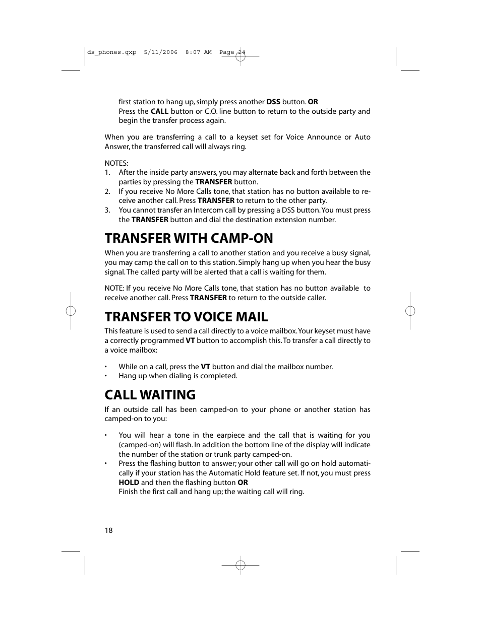 Transfer with camp-on, Transfer to voice mail, Call waiting | Samsung DS-5000 User Manual | Page 25 / 88