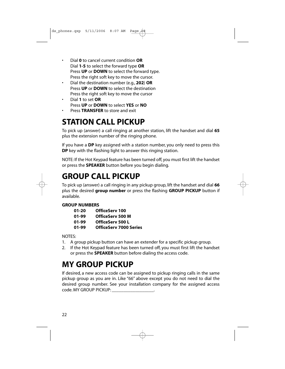 Station call pickup, Group call pickup, My group pickup | Samsung DS-5000 User Manual | Page 29 / 88