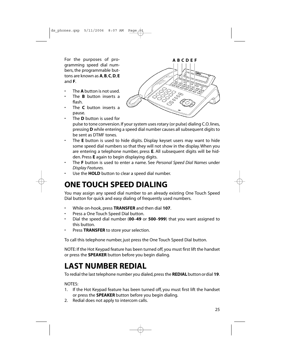 One touch speed dialing, Last number redial | Samsung DS-5000 User Manual | Page 32 / 88