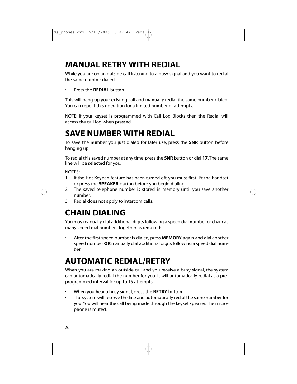 Manual retry with redial, Save number with redial, Chain dialing | Automatic redial/retry | Samsung DS-5000 User Manual | Page 33 / 88