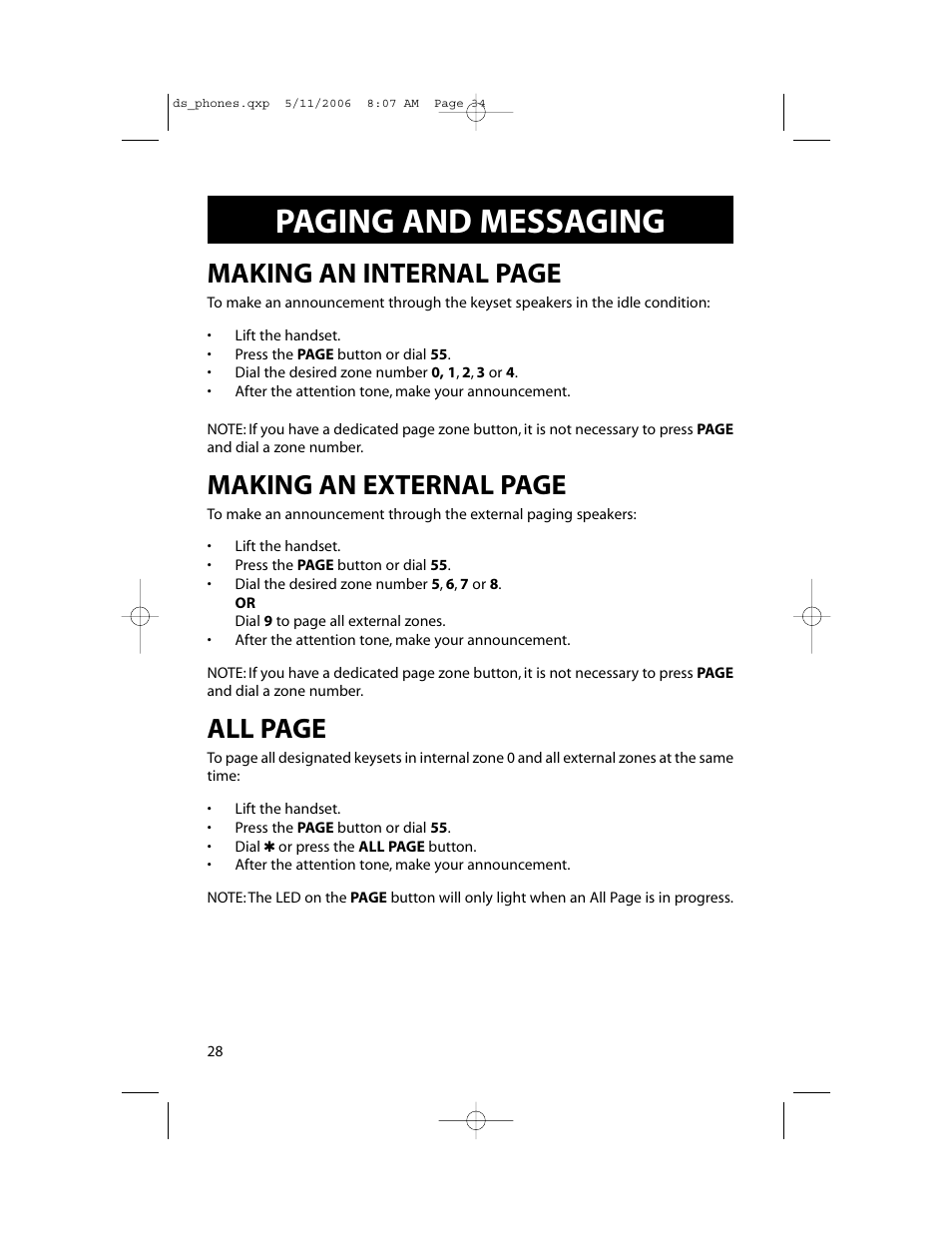 Paging and messaging, Making an internal page, Making an external page | All page | Samsung DS-5000 User Manual | Page 35 / 88