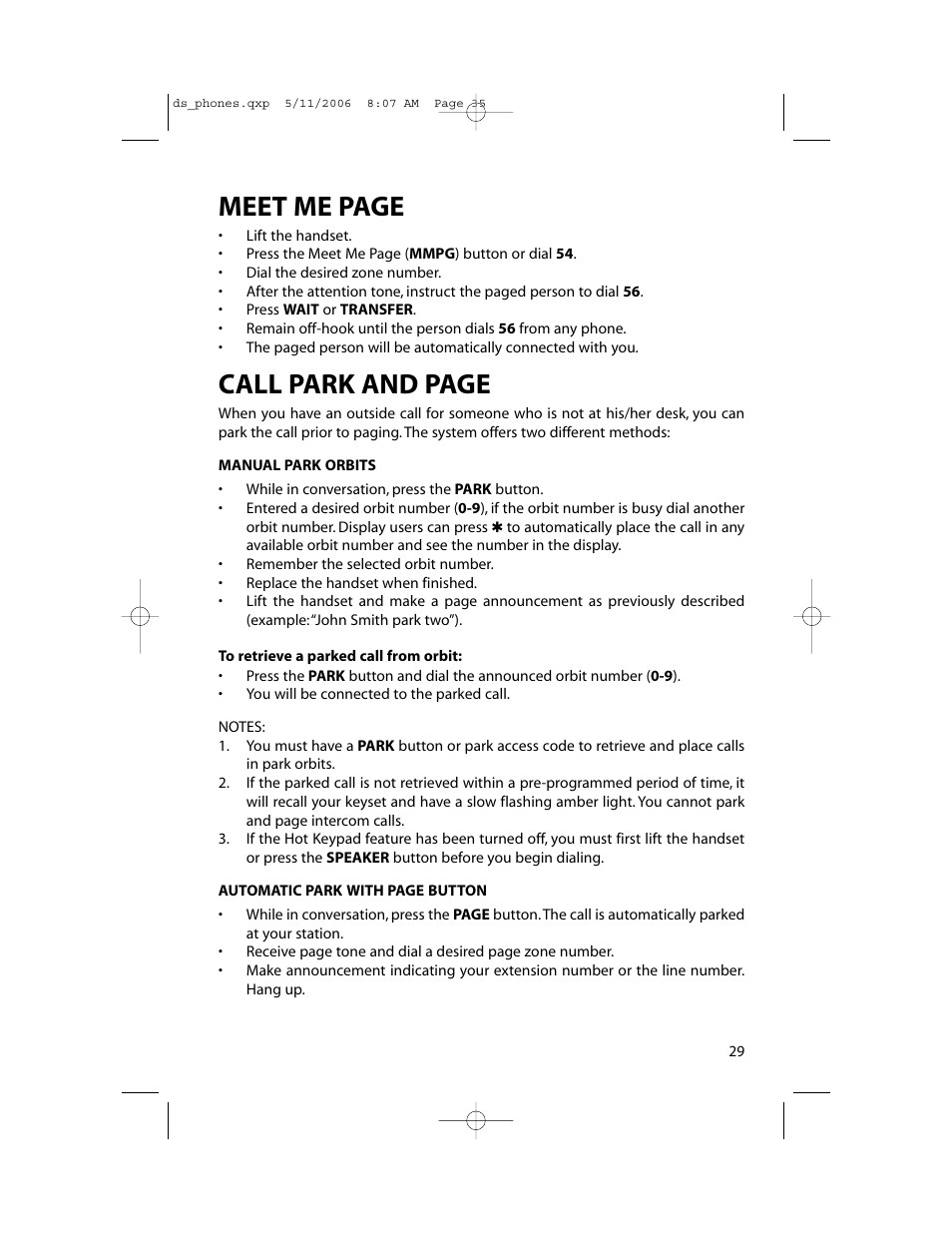 Meet me page, Call park and page | Samsung DS-5000 User Manual | Page 36 / 88