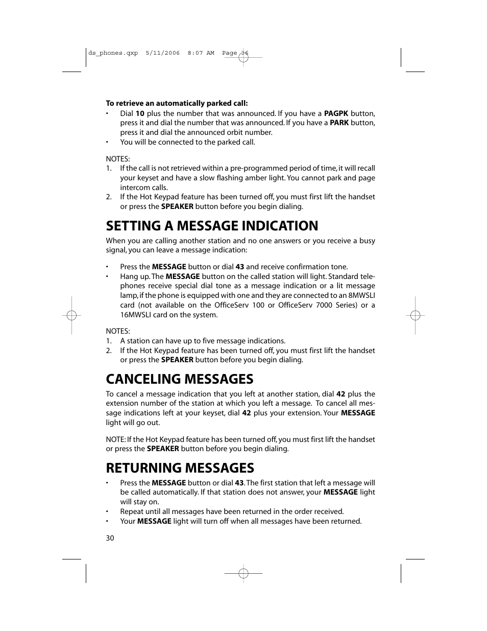 Setting a message indication, Canceling messages, Returning messages | Samsung DS-5000 User Manual | Page 37 / 88