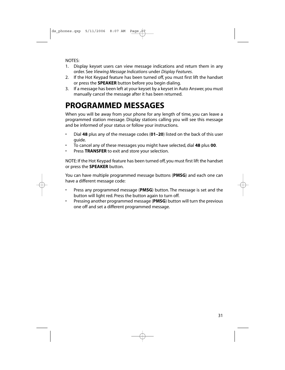 Programmed messages | Samsung DS-5000 User Manual | Page 38 / 88