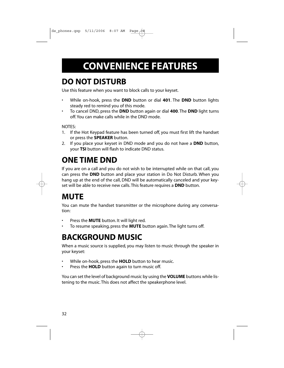 Convenience features, Do not disturb, One time dnd | Mute, Background music | Samsung DS-5000 User Manual | Page 39 / 88