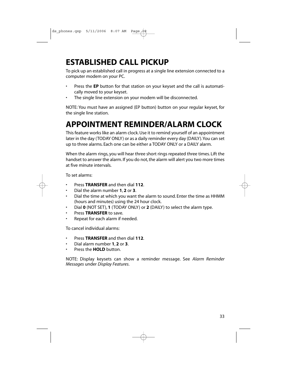 Established call pickup, Appointment reminder/alarm clock | Samsung DS-5000 User Manual | Page 40 / 88