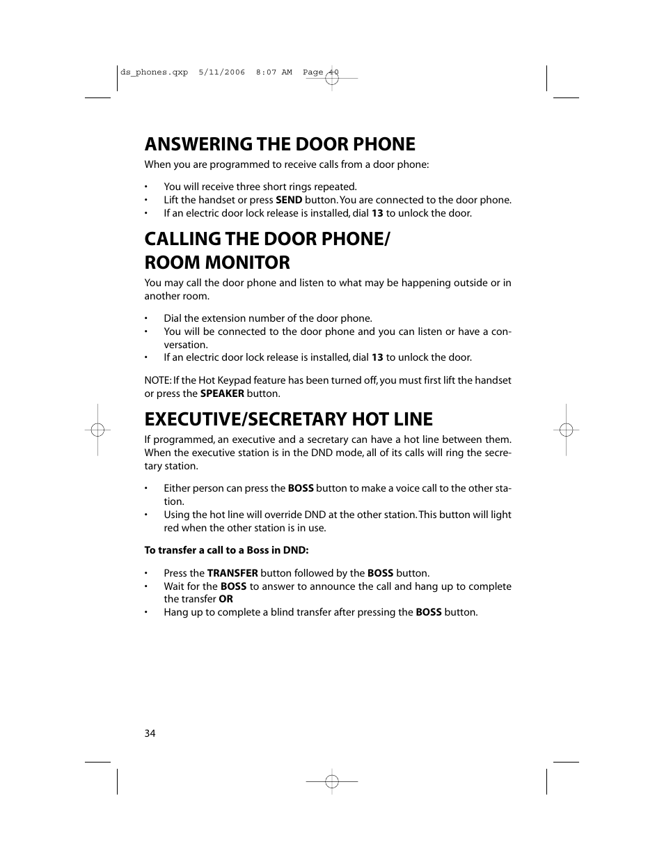 Answering the door phone, Calling the door phone/ room monitor, Executive/secretary hot line | Samsung DS-5000 User Manual | Page 41 / 88