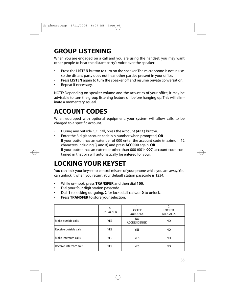 Group listening, Account codes, Locking your keyset | Samsung DS-5000 User Manual | Page 42 / 88