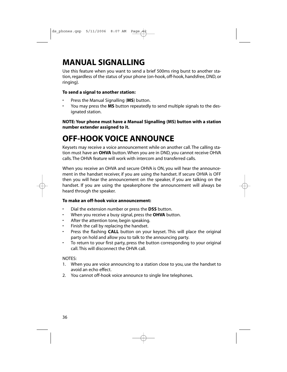 Manual signalling, Off-hook voice announce | Samsung DS-5000 User Manual | Page 43 / 88