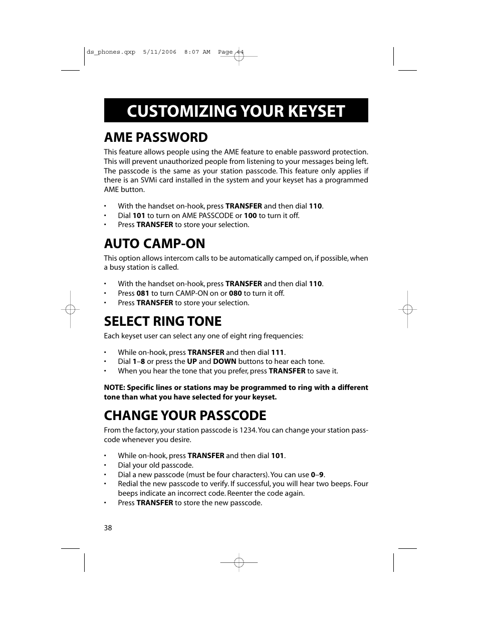 Customizing your keyset, Ame password, Auto camp-on | Select ring tone, Change your passcode | Samsung DS-5000 User Manual | Page 45 / 88