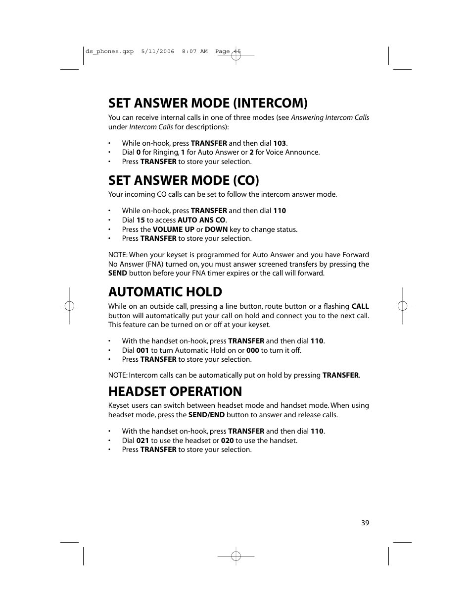 Set answer mode (intercom), Set answer mode (co), Automatic hold | Headset operation | Samsung DS-5000 User Manual | Page 46 / 88