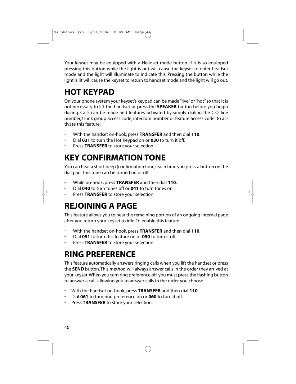 Hot keypad, Key confirmation tone, Rejoining a page | Ring preference | Samsung DS-5000 User Manual | Page 47 / 88