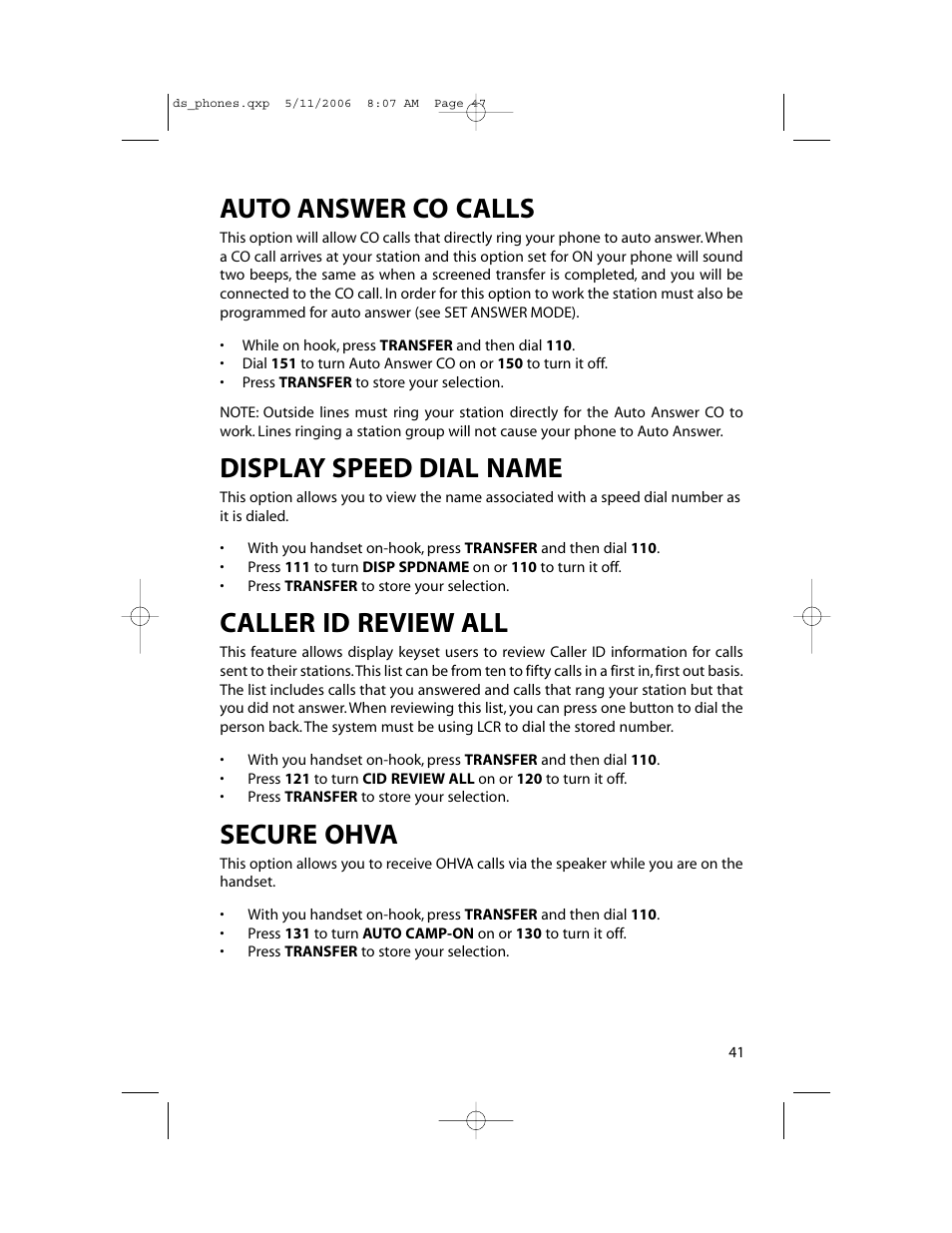 Auto answer co calls, Display speed dial name, Caller id review all | Secure ohva | Samsung DS-5000 User Manual | Page 48 / 88