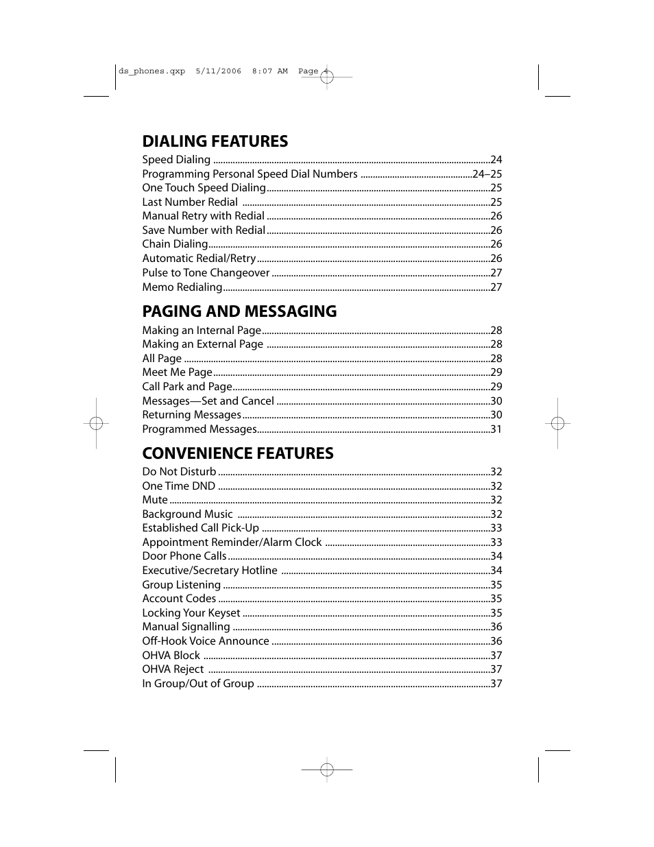 Dialing features, Paging and messaging, Convenience features | Samsung DS-5000 User Manual | Page 5 / 88
