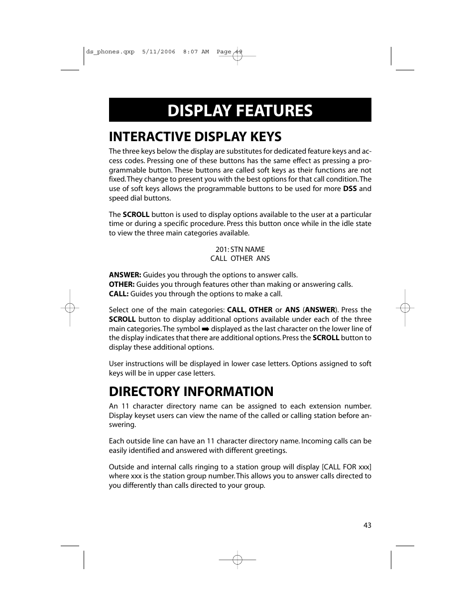 Display features, Interactive display keys, Directory information | Samsung DS-5000 User Manual | Page 50 / 88