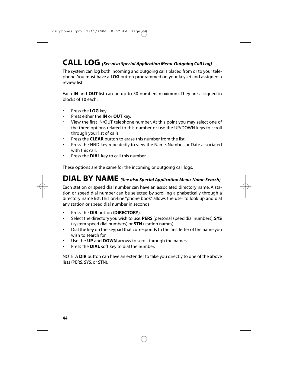 Call log, Dial by name | Samsung DS-5000 User Manual | Page 51 / 88