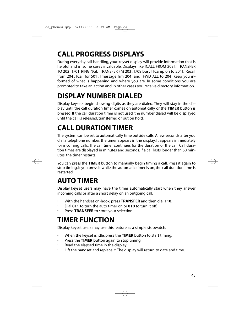 Call progress displays, Display number dialed, Call duration timer | Auto timer, Timer function | Samsung DS-5000 User Manual | Page 52 / 88