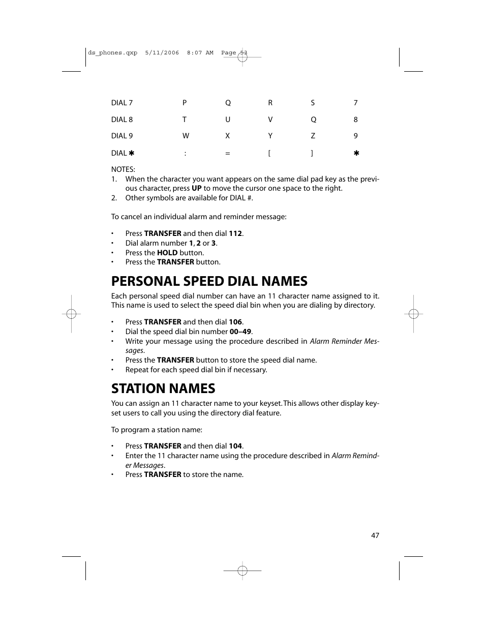 Personal speed dial names, Station names | Samsung DS-5000 User Manual | Page 54 / 88