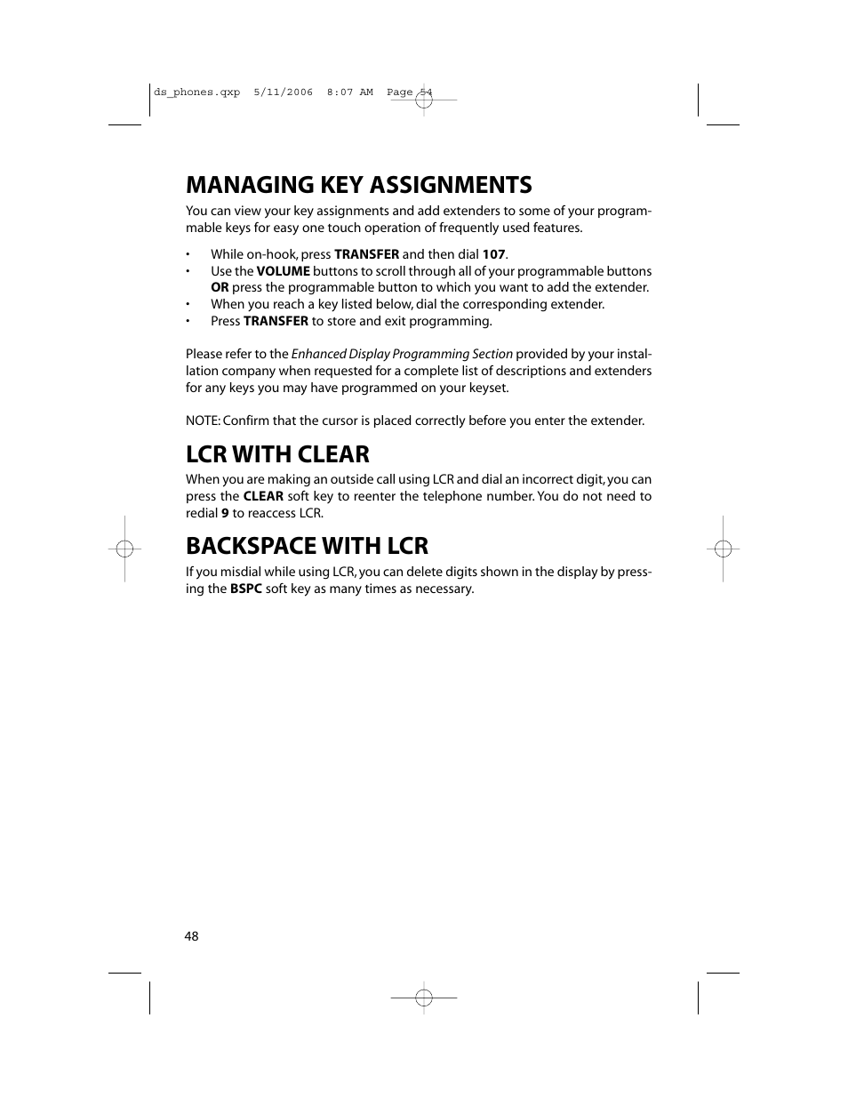 Managing key assignments, Lcr with clear, Backspace with lcr | Samsung DS-5000 User Manual | Page 55 / 88