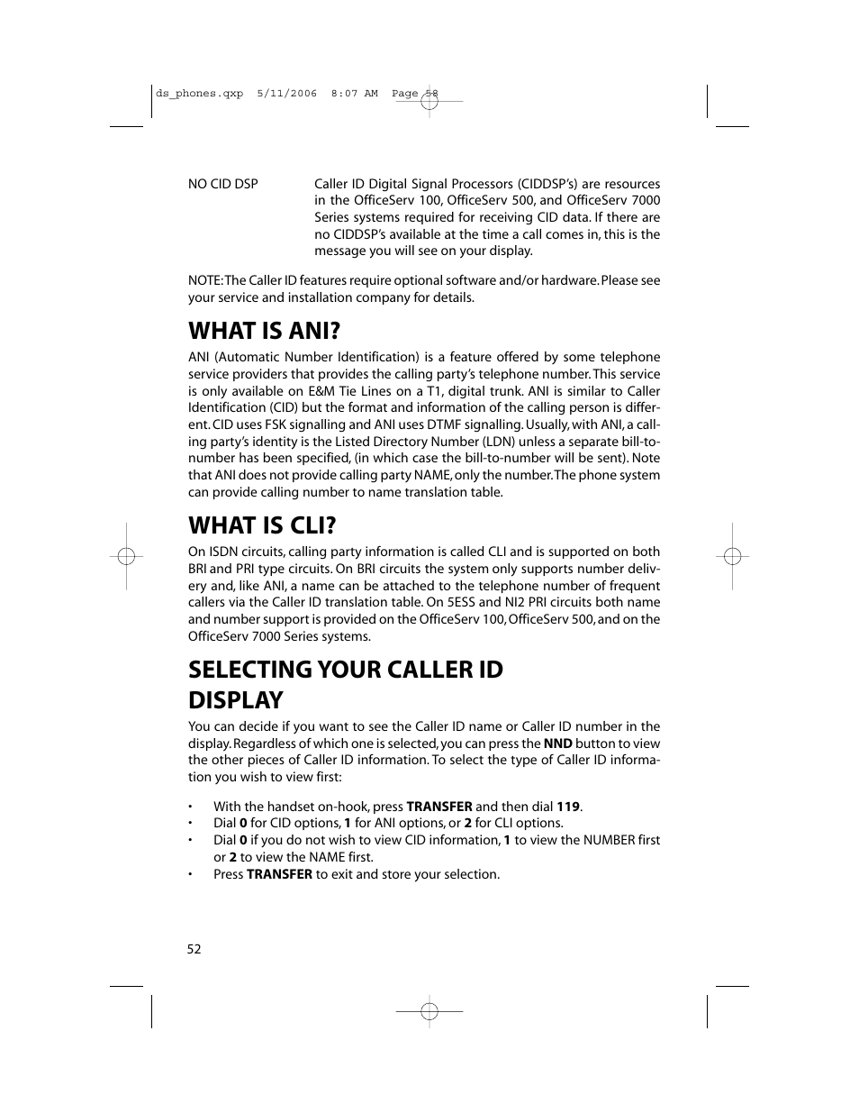 What is ani, What is cli, Selecting your caller id display | Samsung DS-5000 User Manual | Page 59 / 88