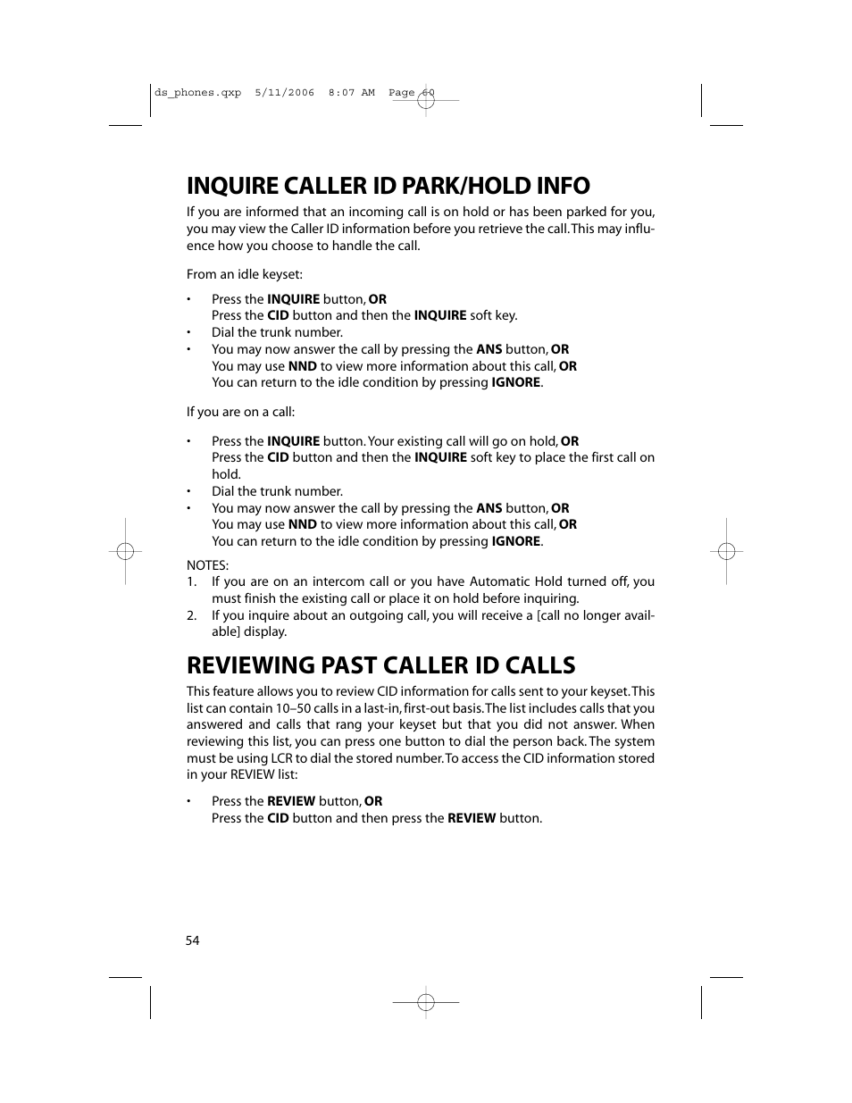 Inquire caller id park/hold info, Reviewing past caller id calls | Samsung DS-5000 User Manual | Page 61 / 88