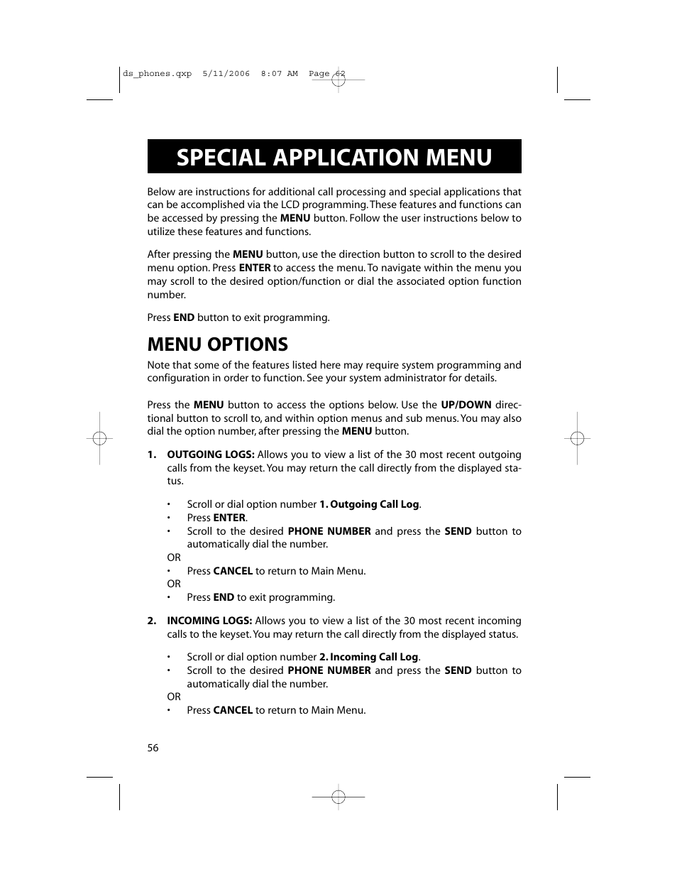 Special application menu, Menu options | Samsung DS-5000 User Manual | Page 63 / 88