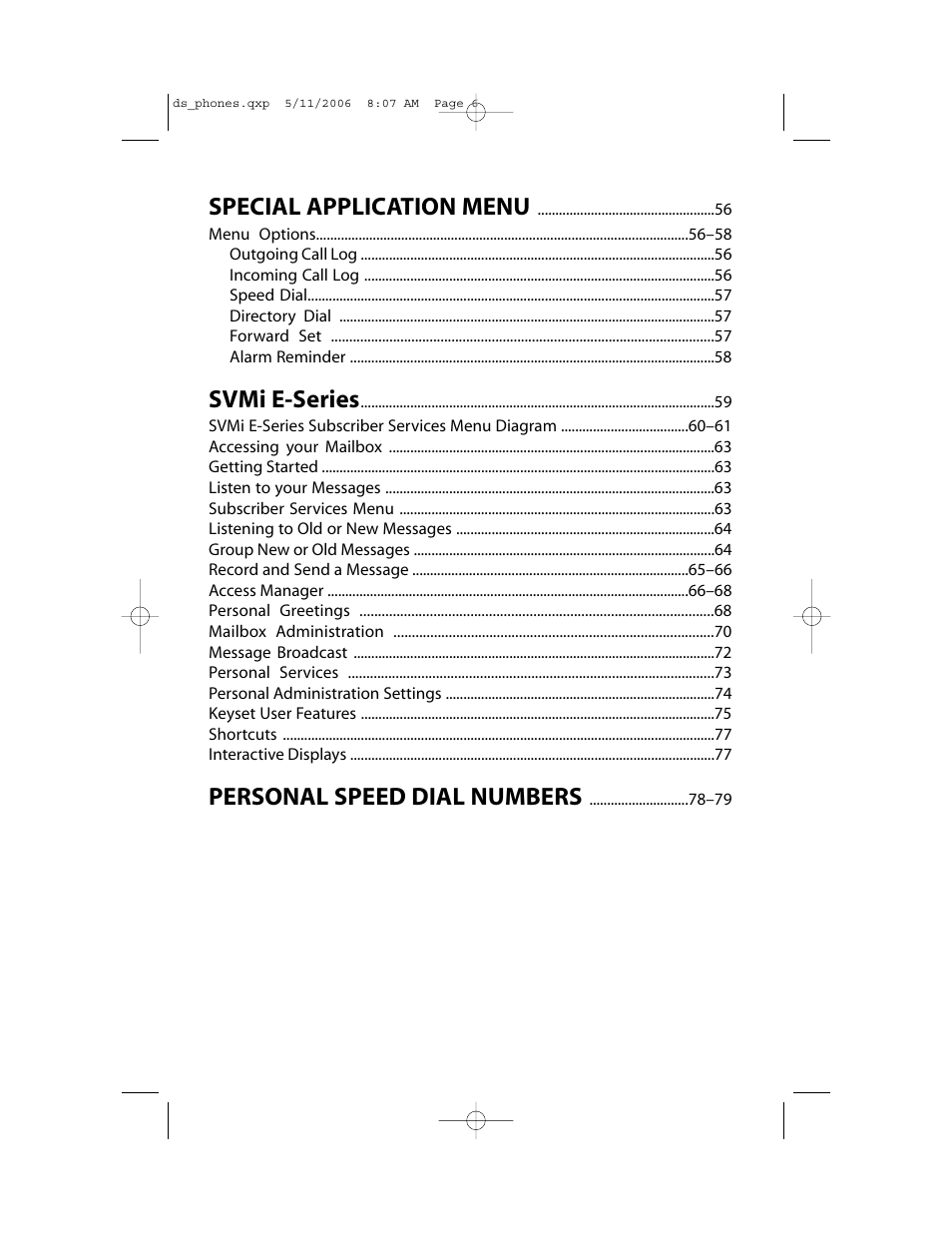 Special application menu, Svmi e-series, Personal speed dial numbers | Samsung DS-5000 User Manual | Page 7 / 88