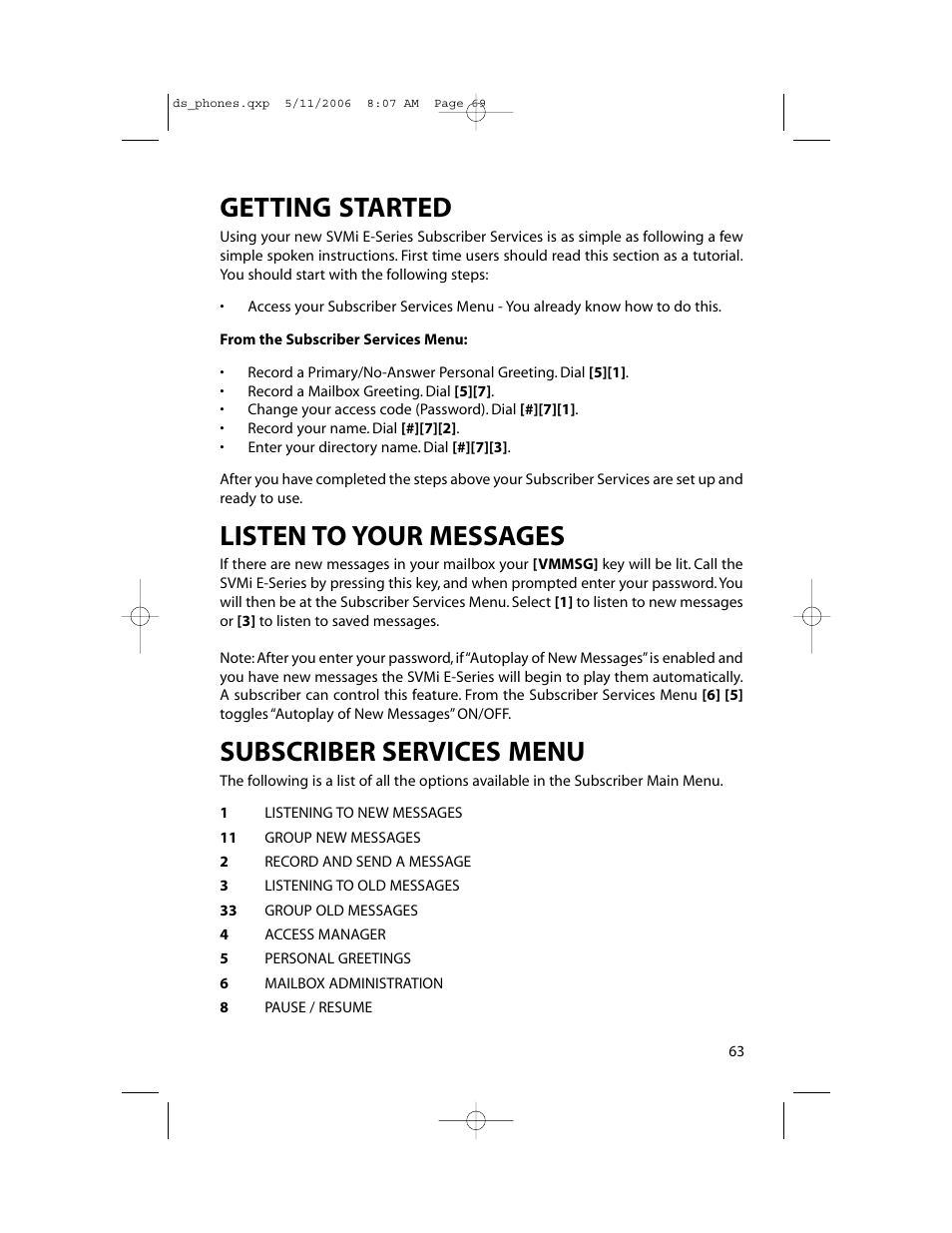 Getting started, Listen to your messages, Subscriber services menu | Samsung DS-5000 User Manual | Page 70 / 88