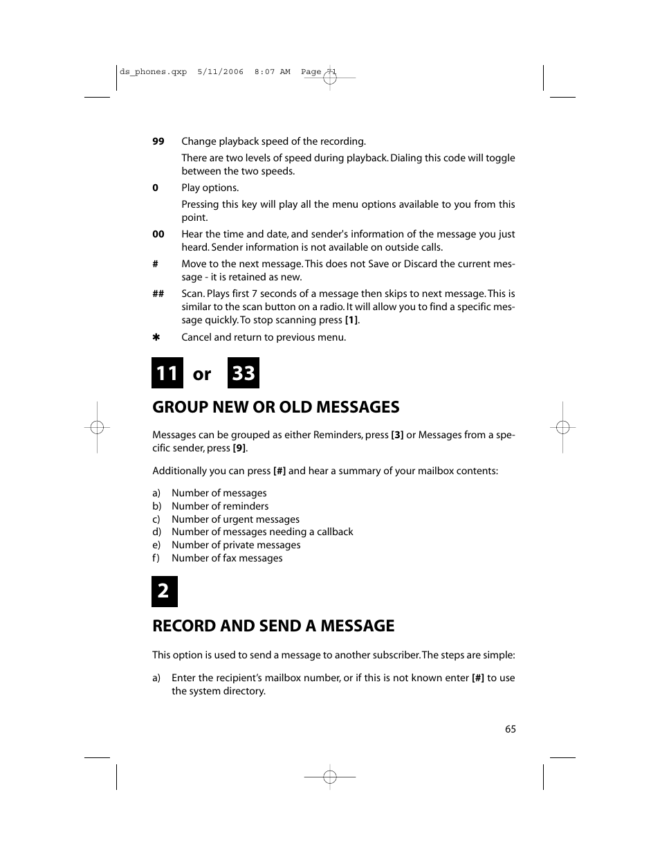 Group new or old messages, Record and send a message | Samsung DS-5000 User Manual | Page 72 / 88