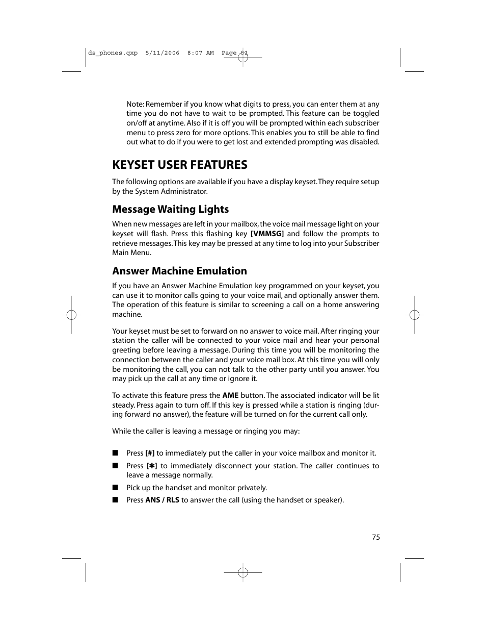 Keyset user features, Message waiting lights, Answer machine emulation | Samsung DS-5000 User Manual | Page 82 / 88