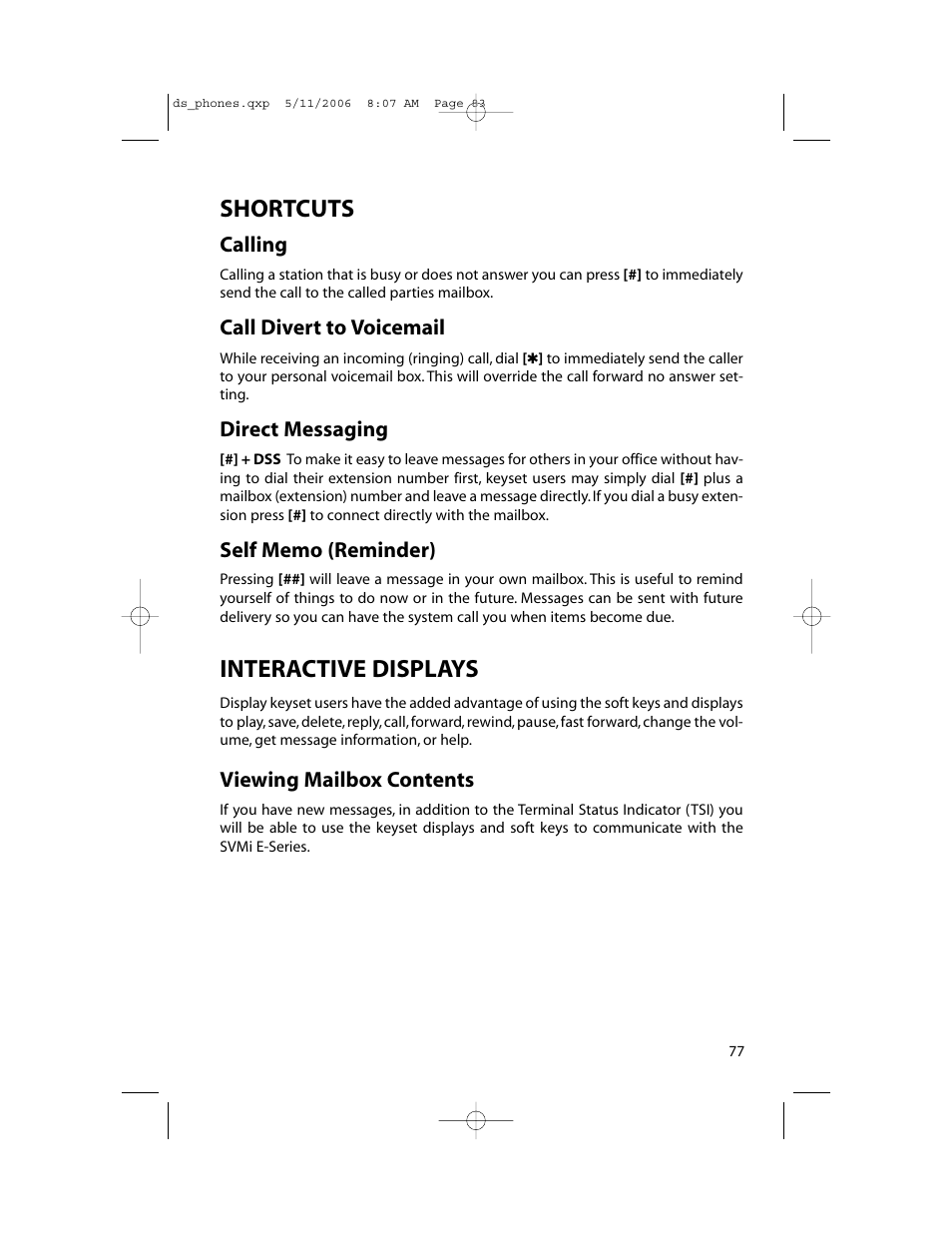 Shortcuts, Interactive displays | Samsung DS-5000 User Manual | Page 84 / 88