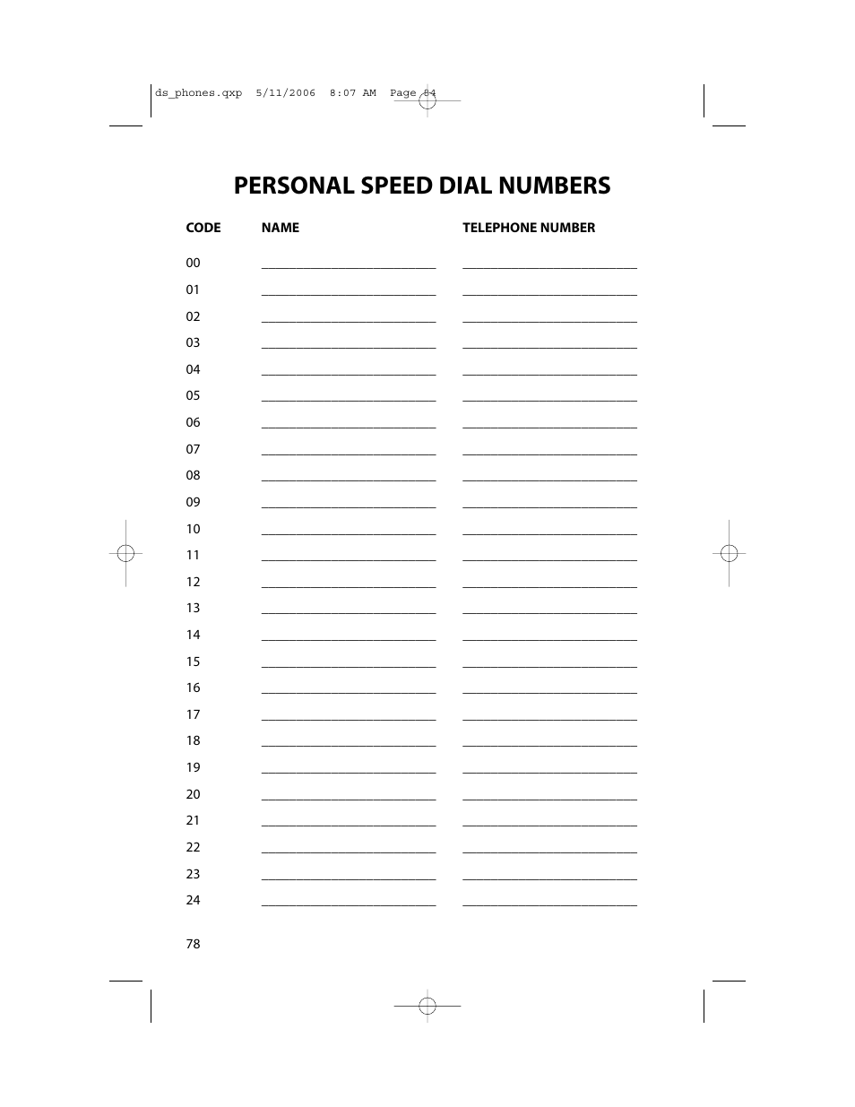 Personal speed dial numbers | Samsung DS-5000 User Manual | Page 85 / 88