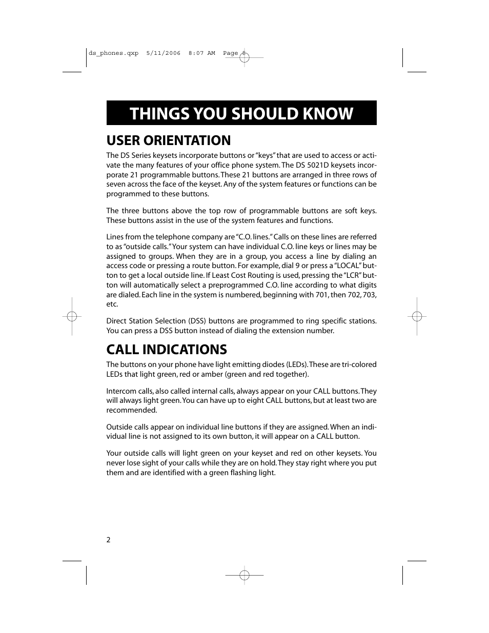 Things you should know, User orientation, Call indications | Samsung DS-5000 User Manual | Page 9 / 88