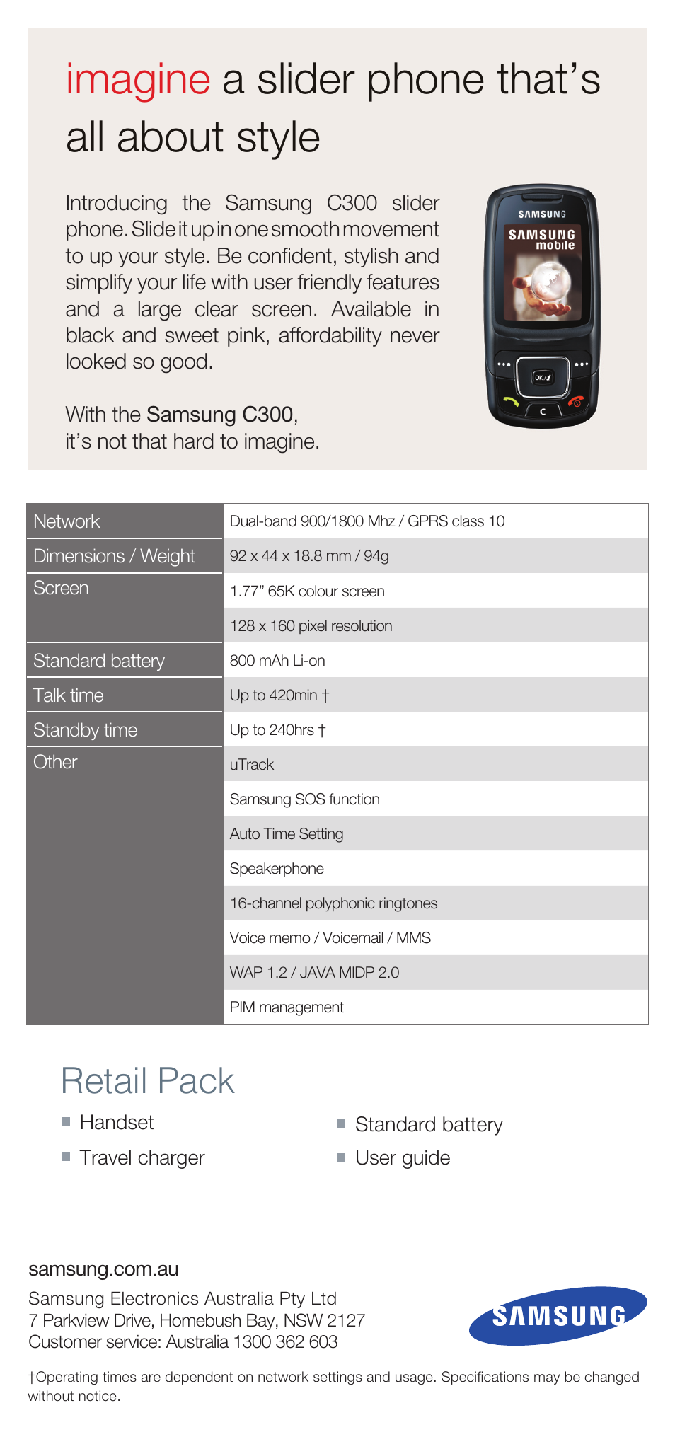 Imagine a slider phone that’s all about style, Retail pack | Samsung C300 User Manual | Page 2 / 2