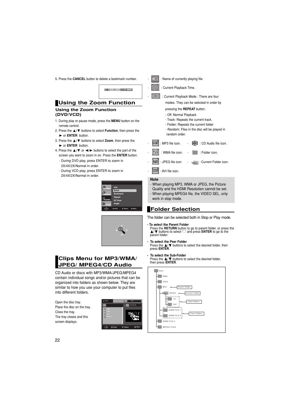 Using the zoom function, Clips menu for mp3/wma/jpeg/ mpeg4/cd audio, Folder selection | Clips menu for mp3/wma/ jpeg/ mpeg4/cd audio | Samsung 1080P7 User Manual | Page 22 / 36