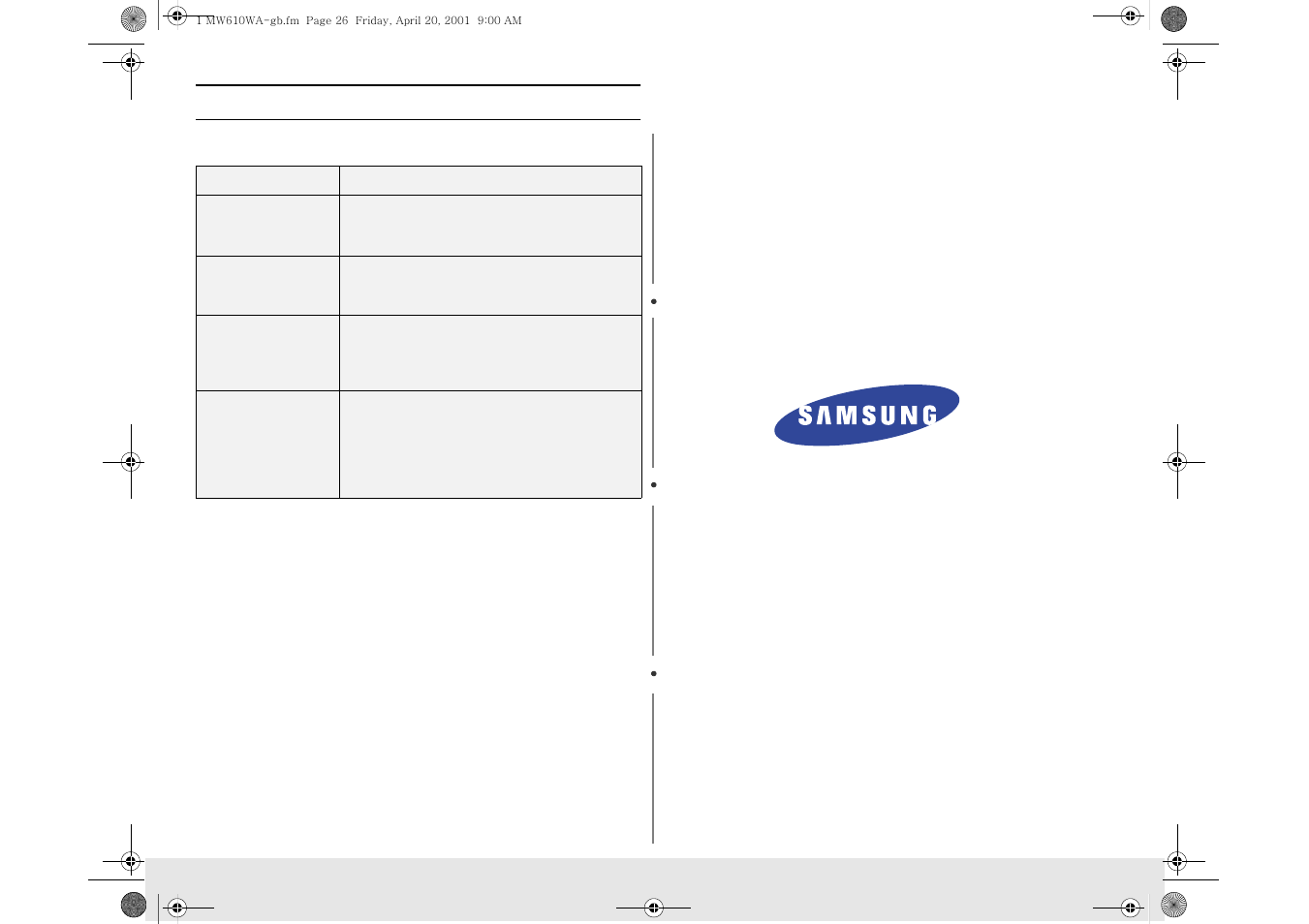 Quick reference(mw630wa/mw630wb), Quick reference | Samsung DE68-01685A User Manual | Page 26 / 26